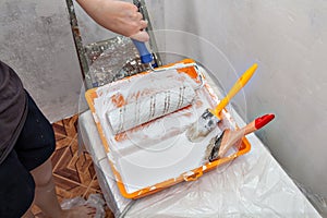 Tray with white paint and painting tools, roller and brushes.