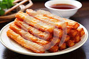 Tray of youtiao with soy sauce