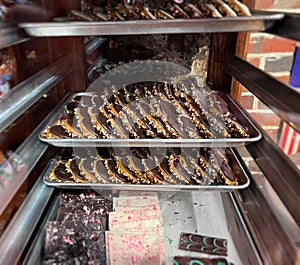 Trays of Dark and White Chocolate Pecan Gophers. Savannah, Georgia.
