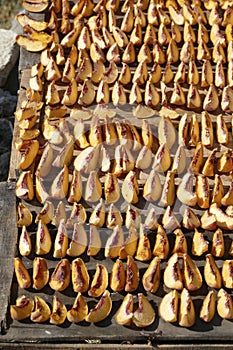 Trays of dried fruit at a roadside fruit stand