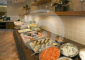 Trays of food in kitchen