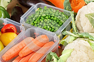 Trays with raw vegetables for freezing