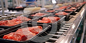 Trays of red meat progress through an automated processing line, inside a meatpacking facility. streamlined efficiency