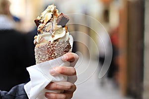 Trdelnik traditional Czech pastry dessert, Prague, Czech Republic,Rolled and grilled pasteries