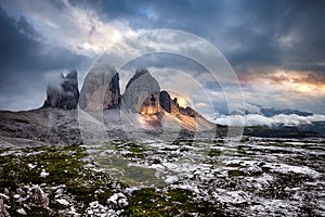 Tre Cime at cloudy sunset