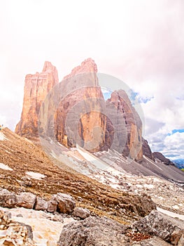 Tre Cime di Lavaredo, aka Drei Zinnen, rock formation in Dolomites, Italy