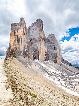 Tre Cime di Lavaredo, aka Drei Zinnen, rock formation in Dolomites, Italy