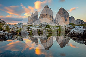 Tre Cime di Lavaredo at early morning sunrise, Dolomites, Italy, Europe