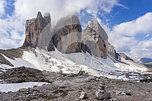 Tre Cime di Lavaredo. Majestic peaks in the Dolomites. Italy