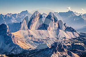 Tre Cime di Lavaredo mountain summits in the Dolomites at sunset, South Tyrol, Italy