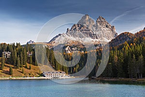 The Tre Cime di Lavaredo mountains at Lago di Misurina lake, Dolomites. South Tyrol, Italy