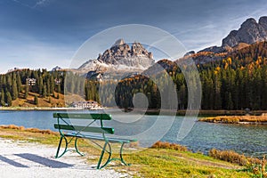 The Tre Cime di Lavaredo mountains at Lago di Misurina lake, Dolomites. South Tyrol, Italy