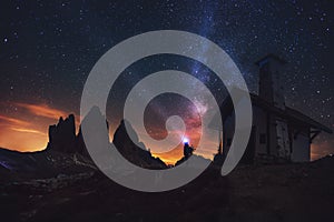 Tre Cime di Lavaredo at night in the Dolomites in Italy, Europe