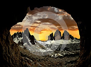 Tre cime di Lavaredo with Paternkofel at sunset