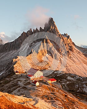 Tre Cime di Lavaredo and rifugio Locatelli in Dolomite Alps