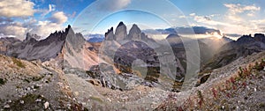 Tre Cime di Lavaredo at sunset, Dolomites, Italy