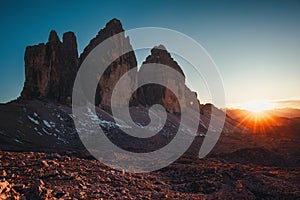 Tre Cime di Lavaredo at sunset in the Dolomites in Italy, Europe