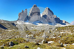 Tre Cime di Laveredo, three spectacular mountain peaks in Tre Cime di Lavaredo National Park, Sesto Dolomites, South Tyrol, Italy