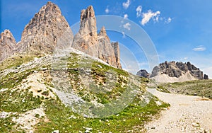 tre cime in the dolomites. fantastic mountain world in tyrol. hiking trail in the mountains. Cortina d'Ampezzo, misurina