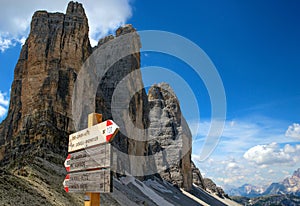 Tre Cime di Lavaredo Drei Zinnen , are three of the most famous peaks of the Dolomites, in the Sesto Dolomites, Italy.