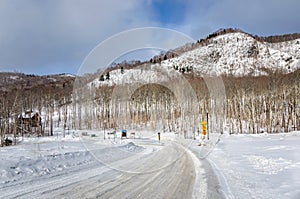 Treacherous Curving Road Covered in Snow