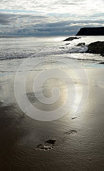 A calpestare la sabbia della spiaggia al sorgere del sole.