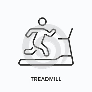 Treadmill flat line icon. Vector outline illustration of running machine and athlete. Black thin linear pictogram for