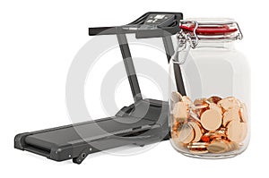 Treadmill with glass jar full of golden coins, 3D rendering