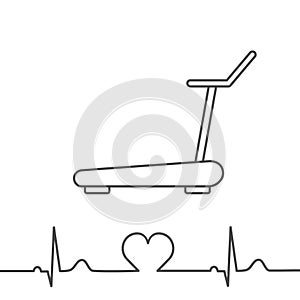 Treadmill with pulse line icon. Indoor exercise for cardiac stress test.