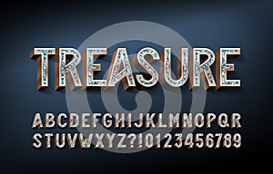 Treasure alphabet font. 3D gold letters and numbers with gemstones.