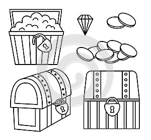 Treasure black and white chest icon set. Pirate line wooden coffers collection. Treasure island outline element or coloring page. photo