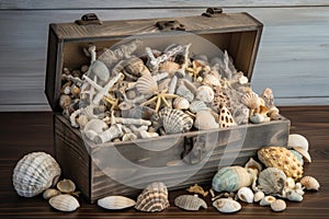 treasure box filled with beachcombing treasures, including shells and driftwood, for a nautical theme