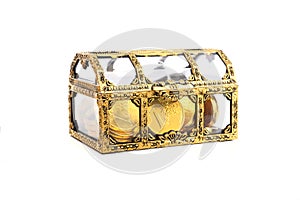 Treasure box with gold coin isolated on white background