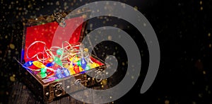 Treasure box of happiness with christmas and celebration theme banner