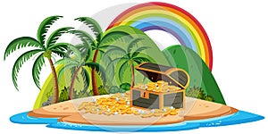 Treasure box on the tropical island with rianbow on white background