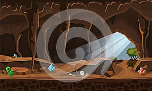 Treasure cave with crystals. Concept, art for computer game. Background image to use games, apps, banners, graphics