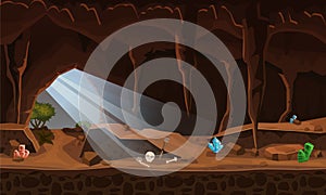 Treasure cave with crystals. Concept, art for computer game. Background image to use games, apps, banners, graphics