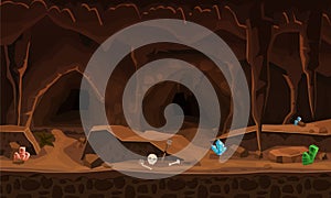 Treasure cave with crystals. Concept, art for computer game. Background image to use games, apps, banners, graphics