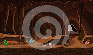 Treasure cave with crystals. Concept, art for computer game. Background image to use games, apps, banners, graphics