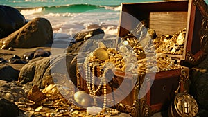 Treasure chest on the beach with stones and sea in the background, An open treasure chest filled with gold and jewelry on the