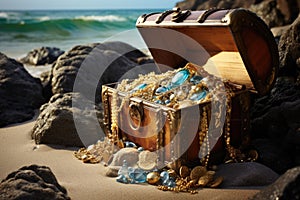 Treasure chest on the beach with stones and sea in the background, An open treasure chest full of gold and jewelry on the beach,