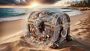 Treasure Chest on Beach at Sunset