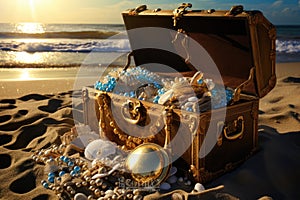 Treasure chest on the beach at sunset. Travel and vacation concept. An open treasure chest full of gold and jewelry on the beach,