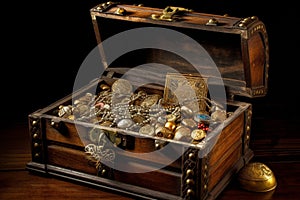 Treasure chest, brimming with sparkling jewels and golden objects, evoking a sense of adventure, wealth, and excitement. Ai
