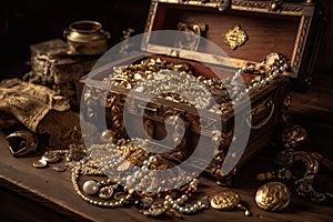 Treasure chest, brimming with sparkling jewels and golden objects, evoking a sense of adventure, wealth, and excitement. Ai