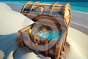 treasure chest buried in the sand, with a view of clear blue water