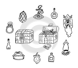 Treasure chest cartoon stickers sketch. Hoard save. photo