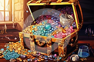 Treasure chest, with coins and shiny jewels.