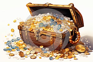 Treasure chest, with coins and shiny jewels.