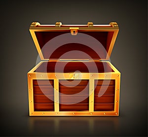 Treasure chest, empty wooden box, open casket